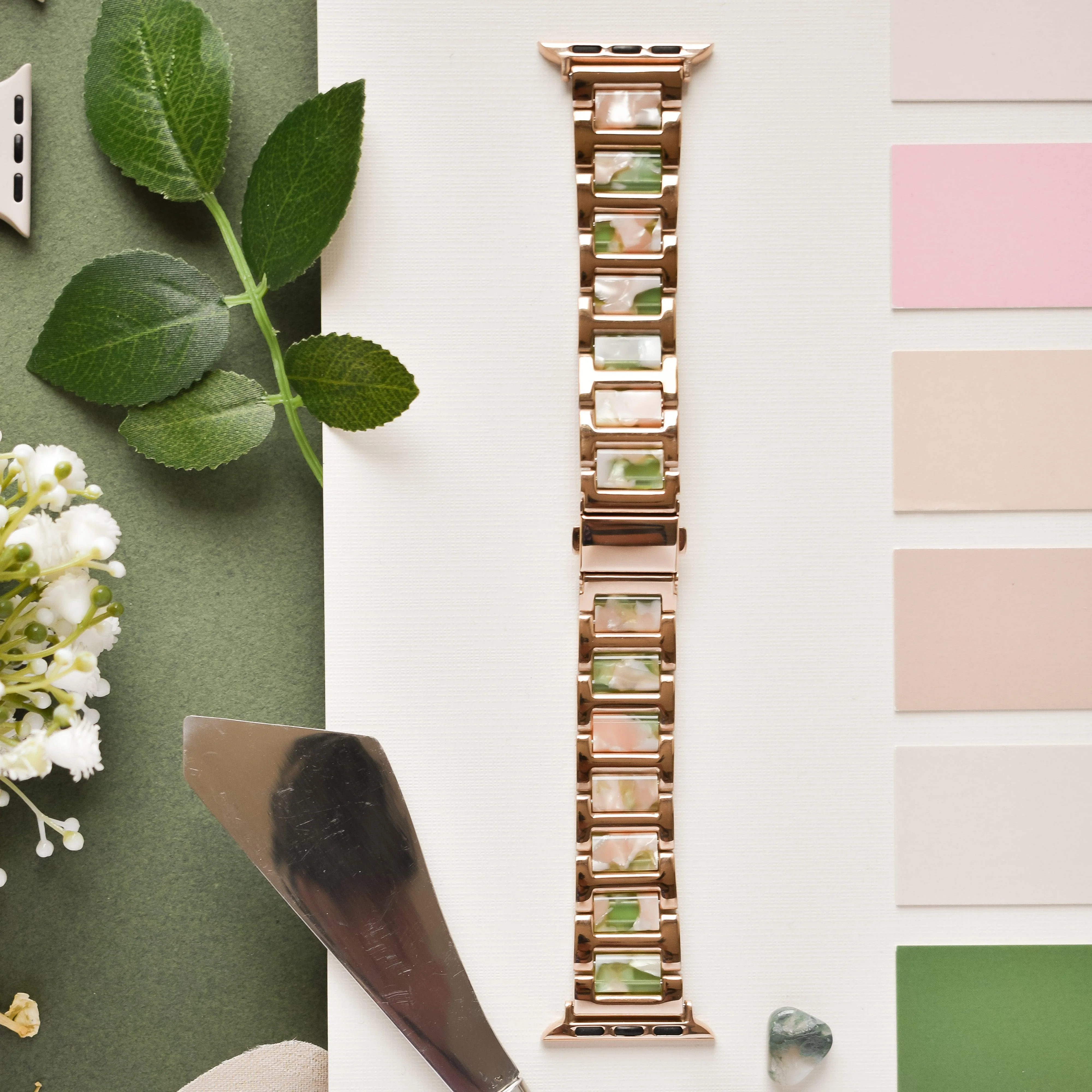 Stainless Steel Apple Watch Strap - Pink, Green & Rose Gold - Image 15