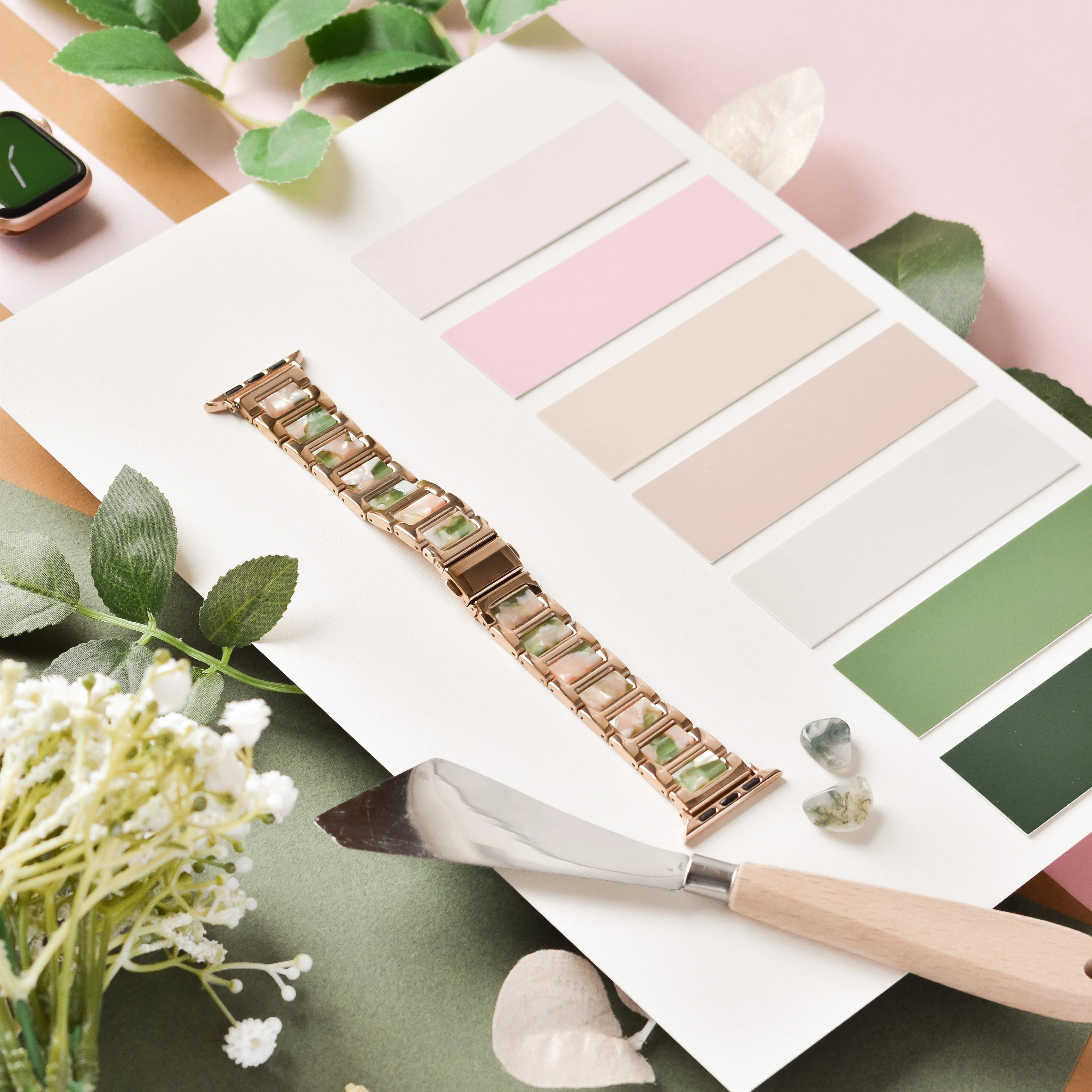 Stainless Steel Apple Watch Strap - Pink, Green & Rose Gold - Image 8